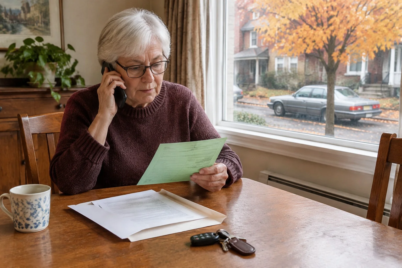 Widow reviews her late husband's vehicle permit and will while on the phone with ServiceOntario