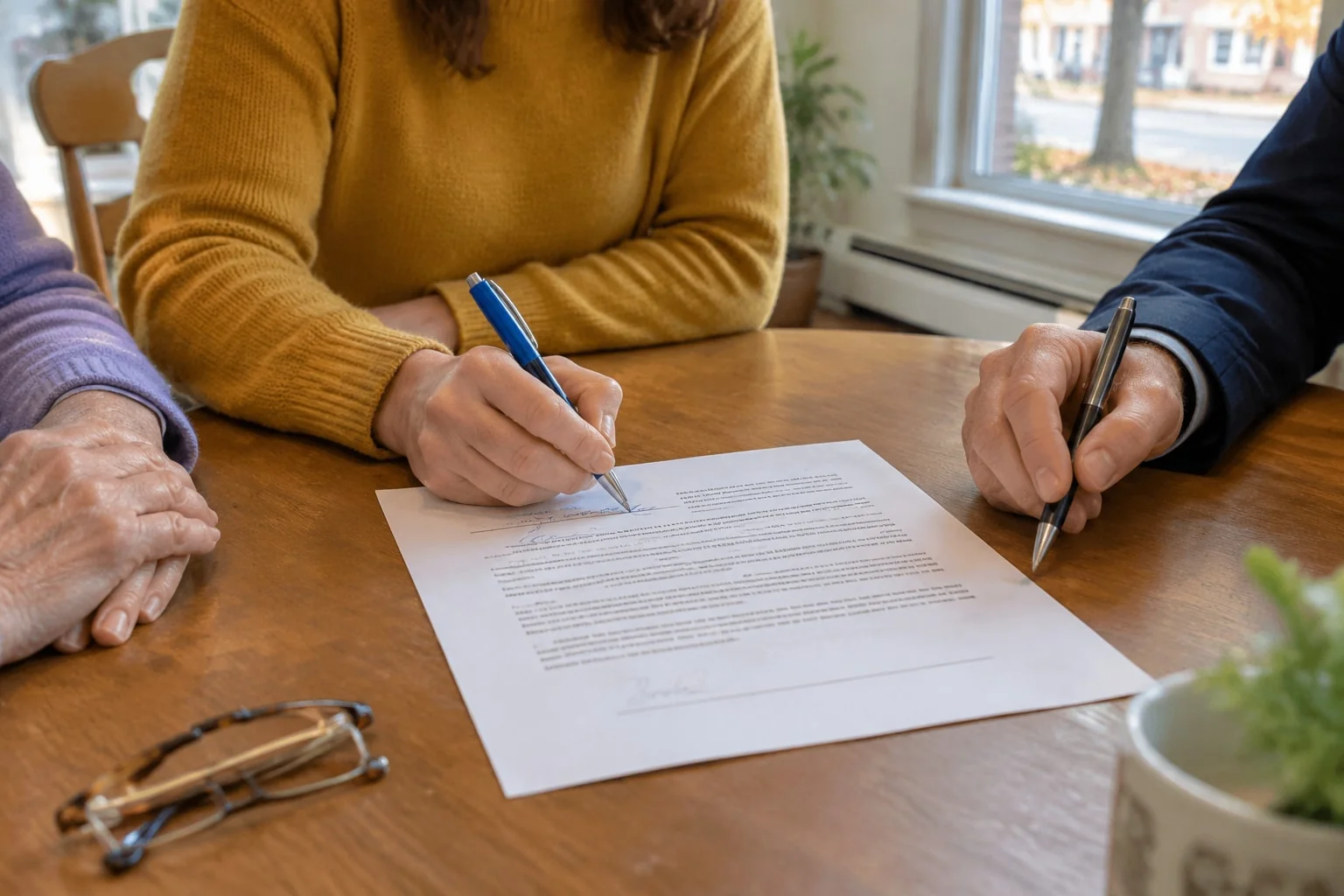 A witness signs below the testator's signature at the end of a one-page codicil while the second witness waits to sign