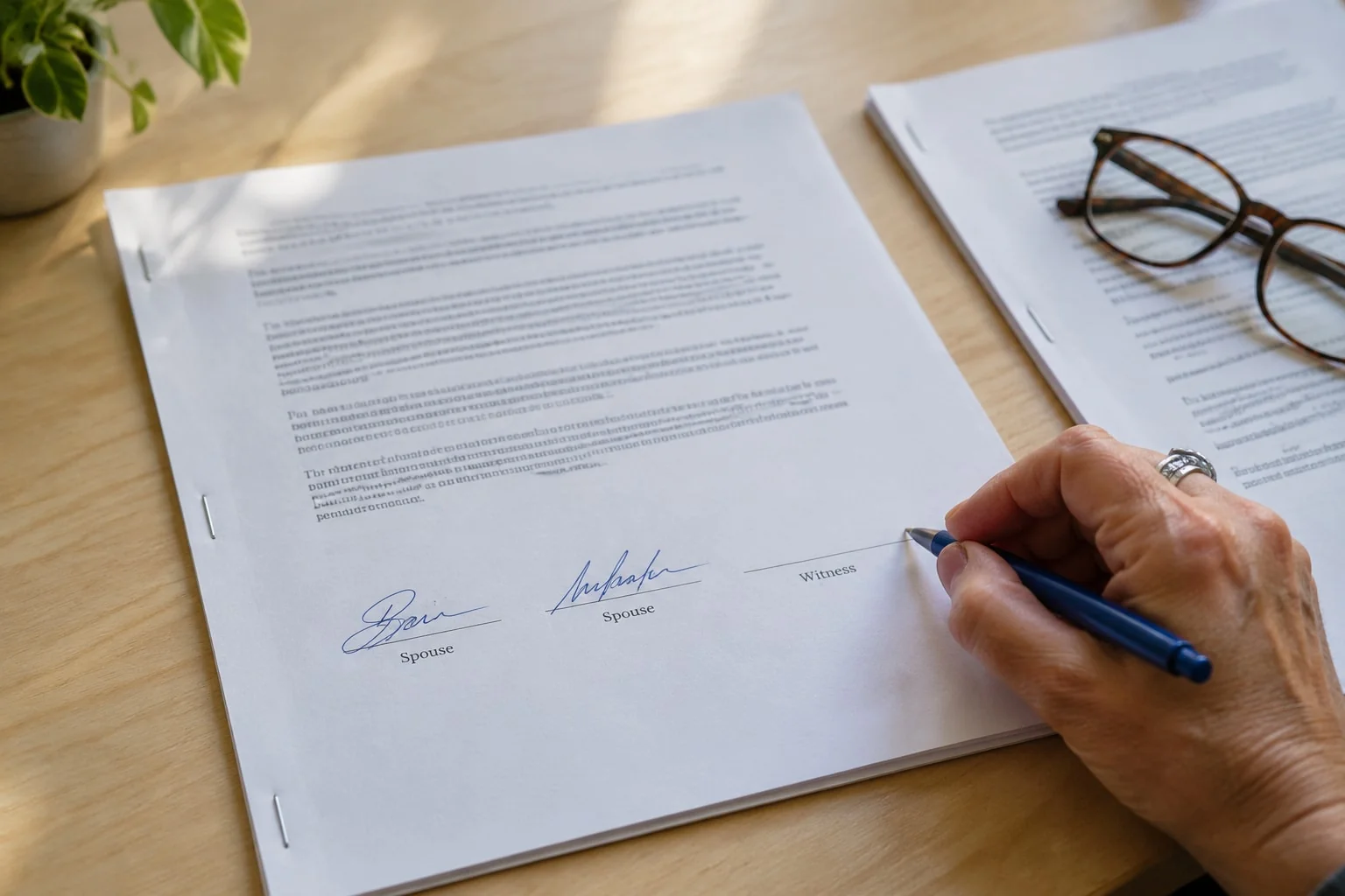 A witness signs beside both spouses' signatures on the last page of a separation agreement