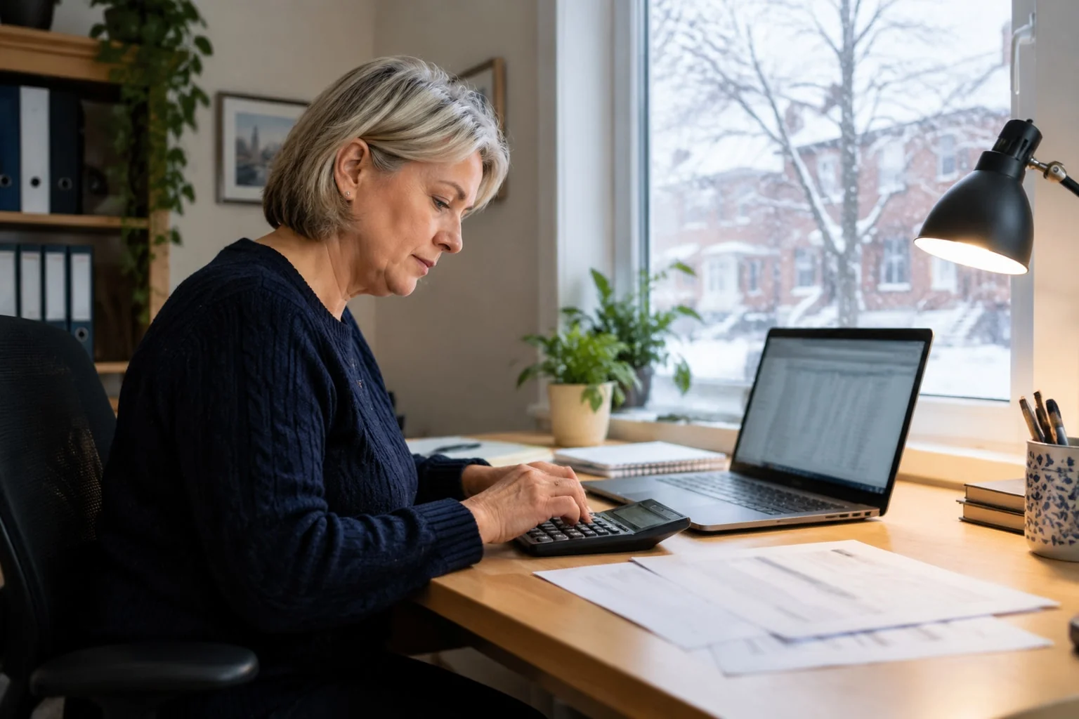 A woman sits at a laptop with a calculator and a few bank statements, adding up the value of an estate