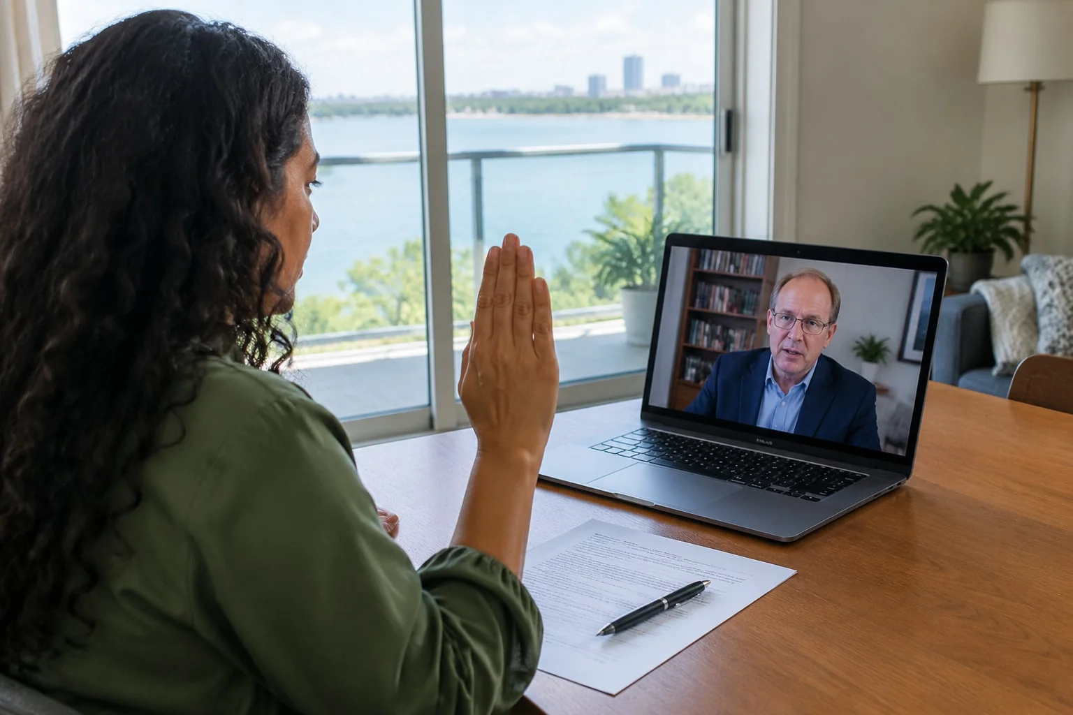 Woman affirms her affidavit of service with her right hand raised on a laptop video call with a notary in his office