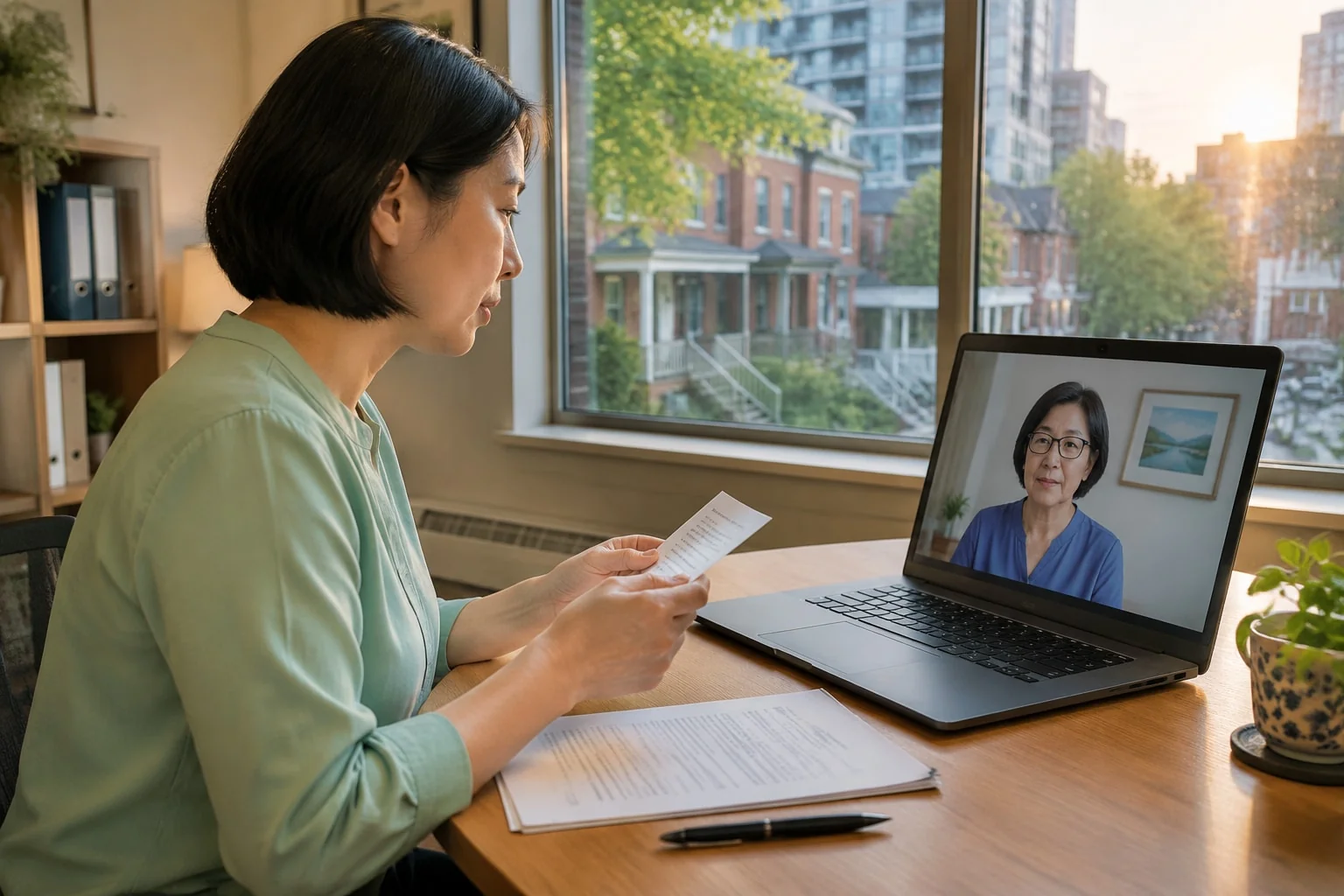 A woman reads her affirmation aloud to a notary on a laptop video call, her signed affidavit on the desk