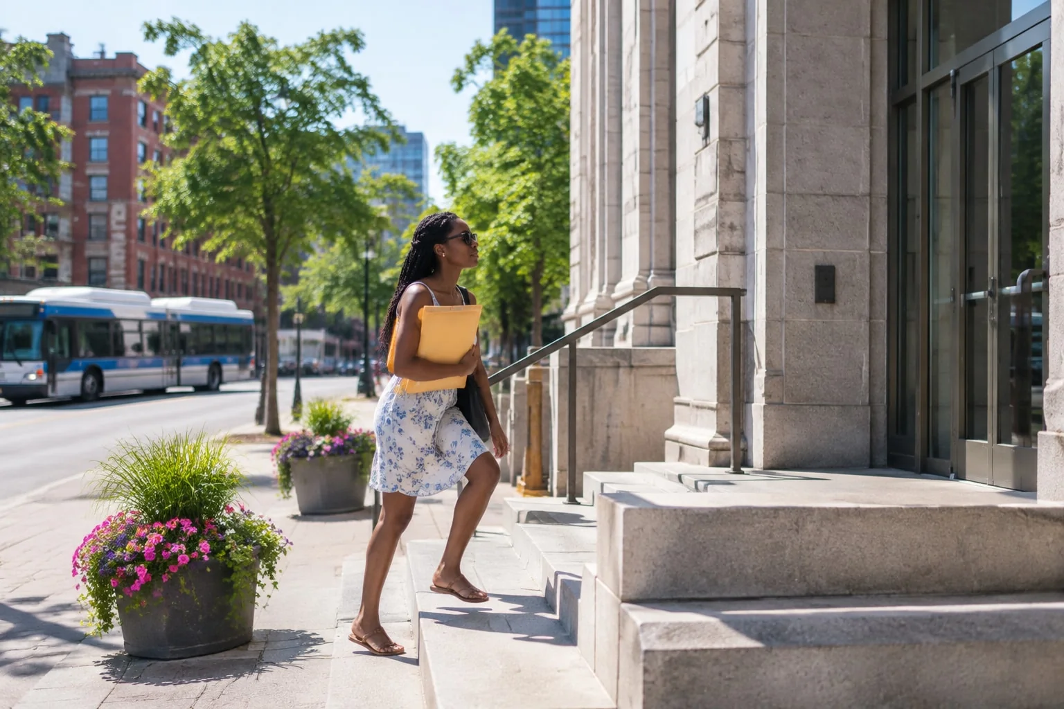 Woman carrying her notarized documents into a limestone government office in summer to request an Ontario apostille