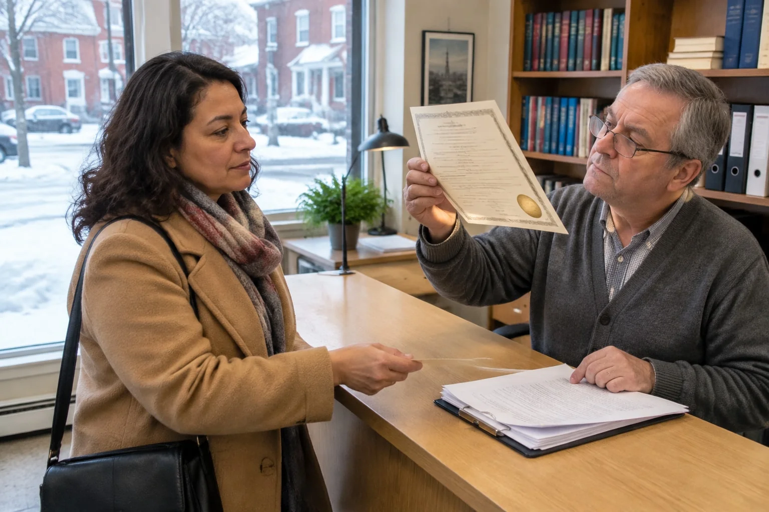 Woman hands her foreign divorce certificate to a translator, a first step to using a divorce granted abroad in Canada