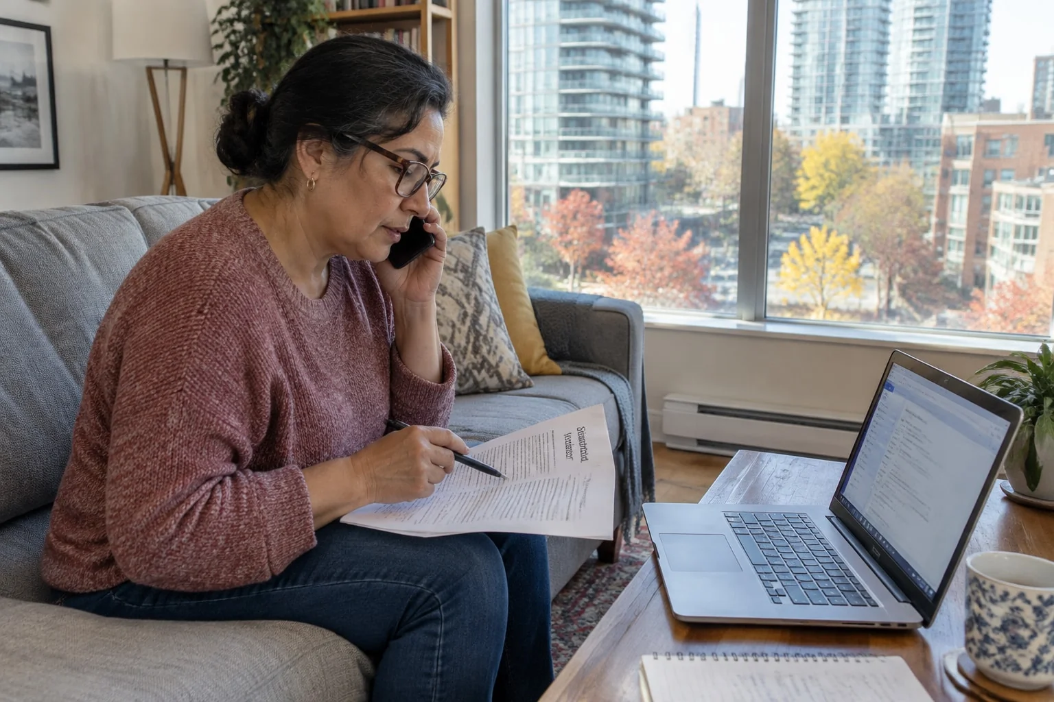 Woman on the phone with a receiving office, checking which copy wording its form requires