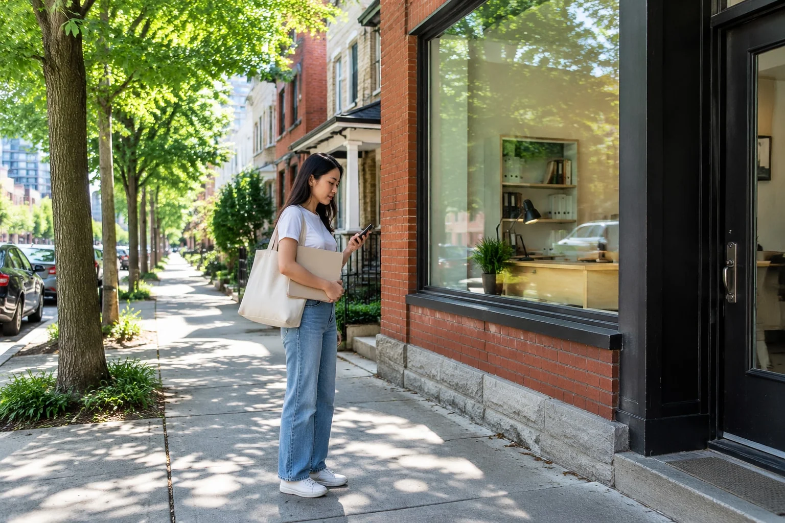 Woman checks her phone outside a street-level notary office before she gets a document notarized