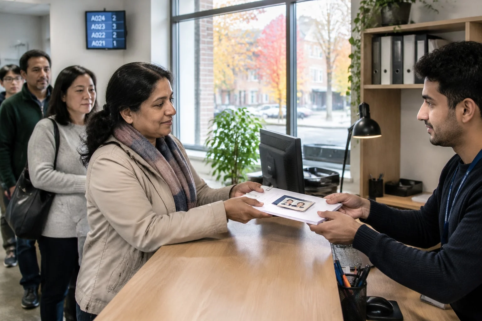 Passport holder files her replacement application at a service counter with the sealed declaration attached