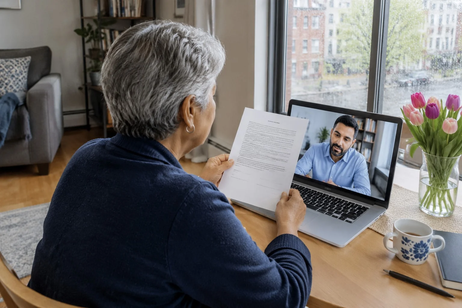 Woman holds her printed declaration up to her laptop camera while an Ontario notary reads it on a video call