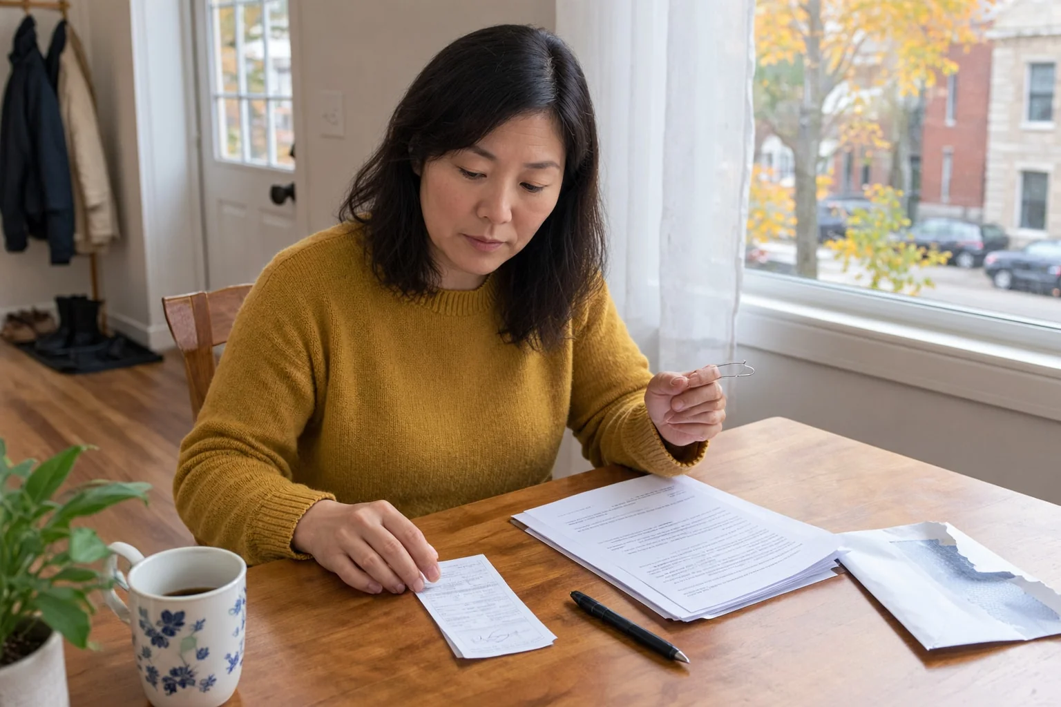A woman lays a signed recorded-mail delivery acknowledgment beside a printed affidavit of service on a dining table, ready to attach it as an exhibit