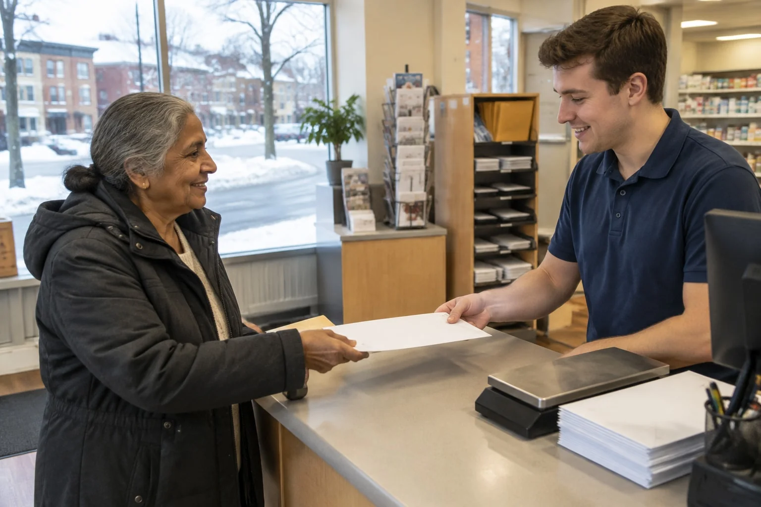 An older woman hands an envelope with her pension life certificate across a post office counter