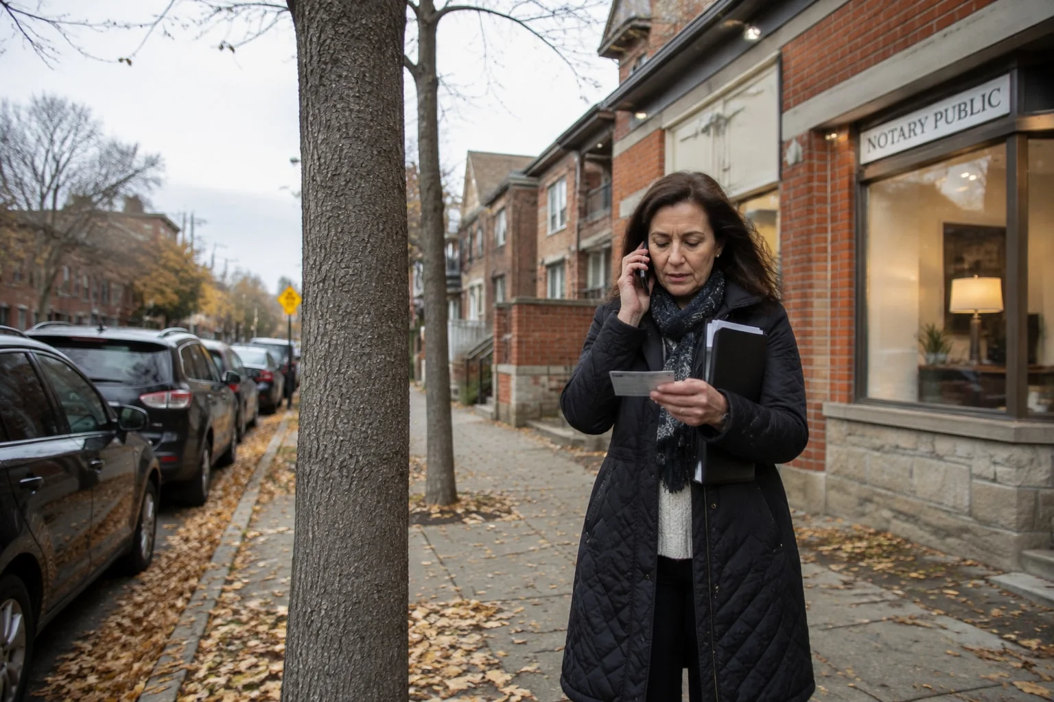 Woman outside a notary's office checking her ID and phoning to rebook after her document was declined