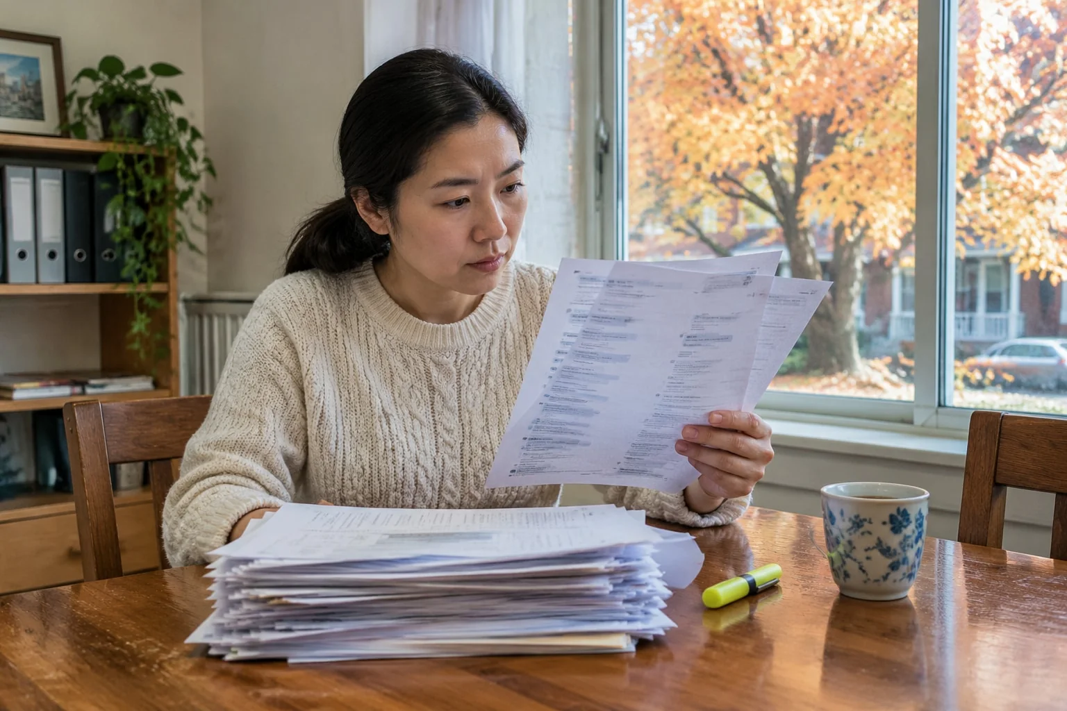 A woman picks out a few relevant pages from a thick pile of printed messages at a table by the window