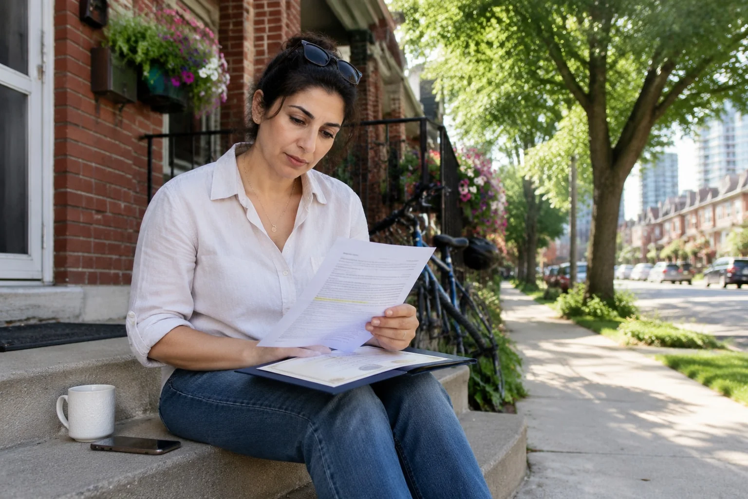 Woman on her porch checks a receiver's copy instructions against her original degree before booking a certified copy