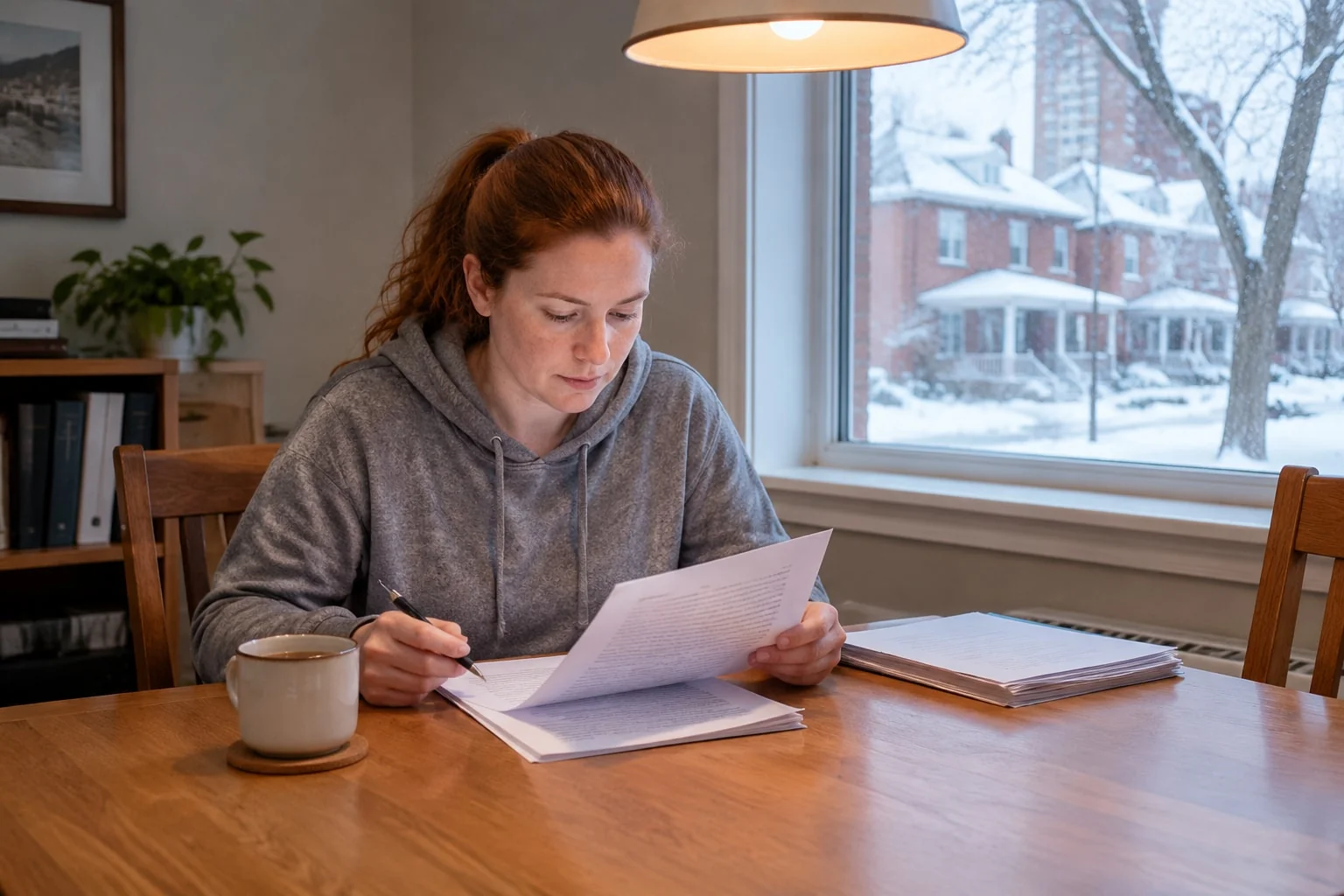 A woman at her dining table reads through a printed court affidavit, a pen in her hand