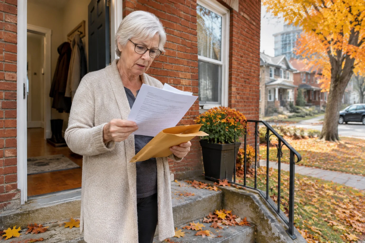 A woman on her front porch reads court papers she has just been served, the opened envelope in her hand