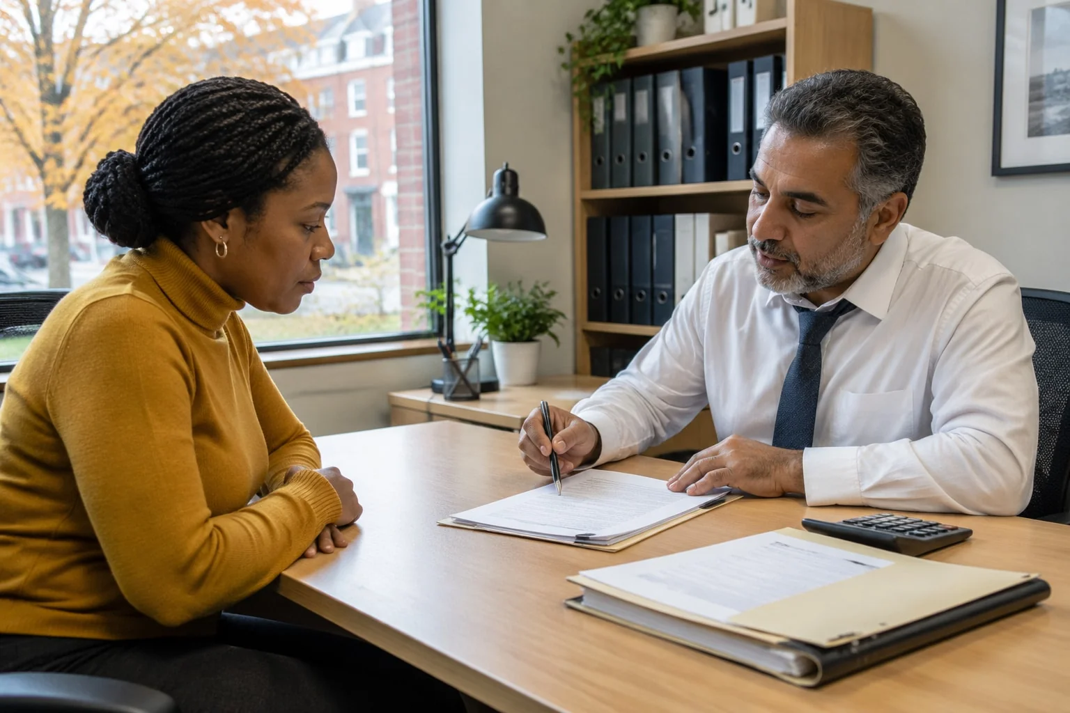 A woman reviews her separation agreement with her own lawyer before signing