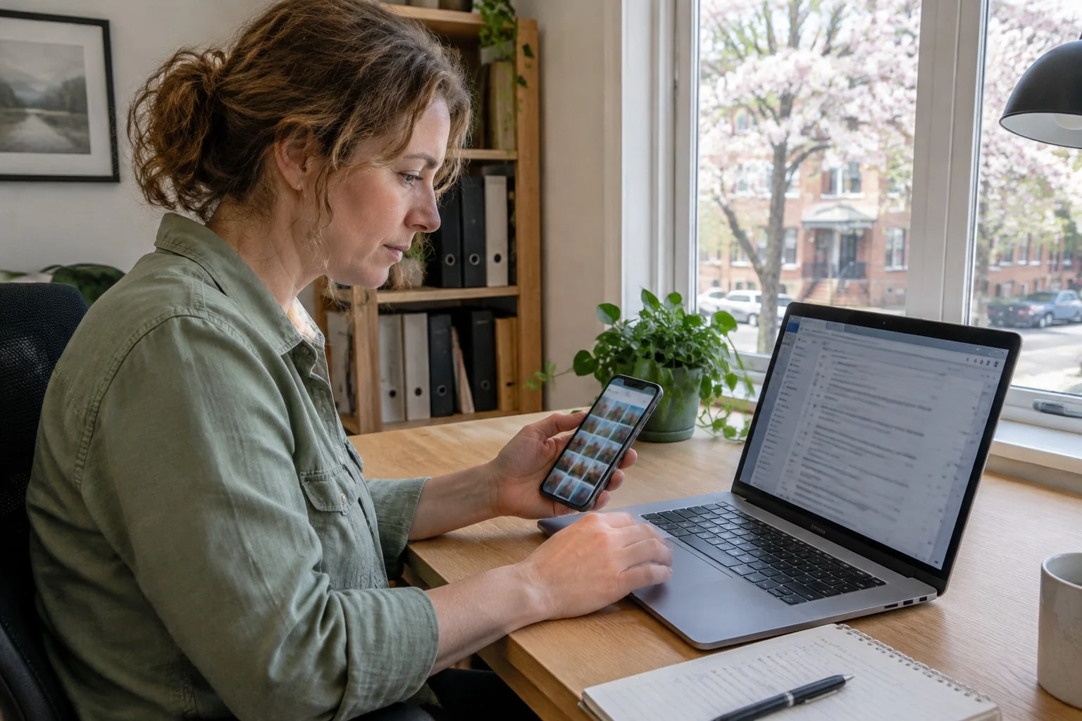 A woman scrolls through old emails on her laptop while her phone shows saved photos, at a desk in her home office