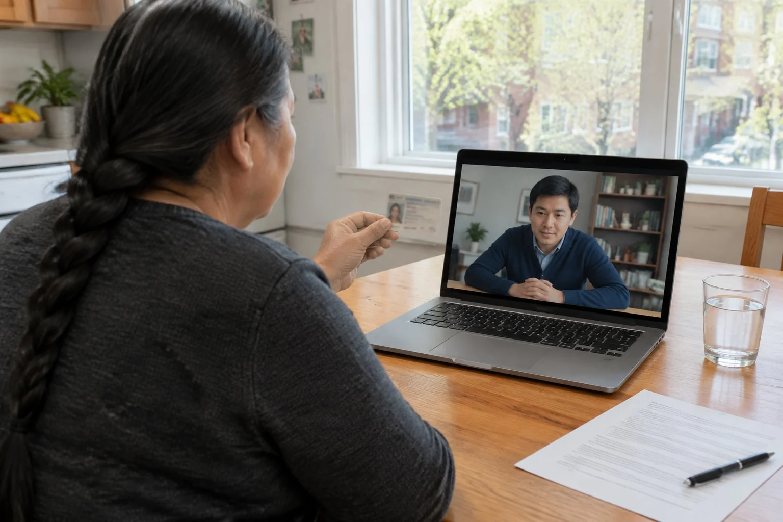 Woman holds her photo ID to the laptop camera so the notary can confirm her identity before she swears an affidavit by video