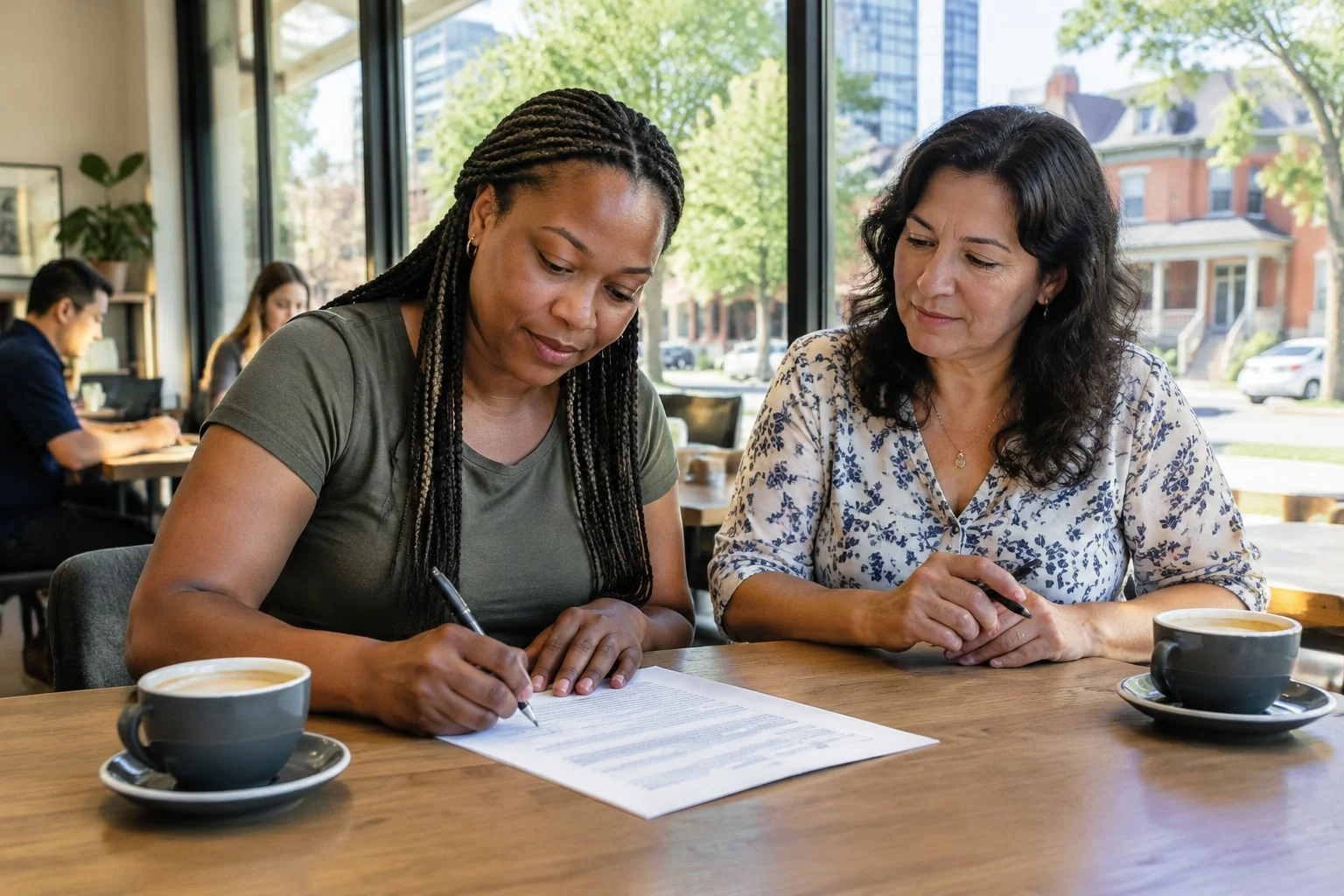 A woman signs a consent form at a café table while a friend beside her waits to sign as her witness
