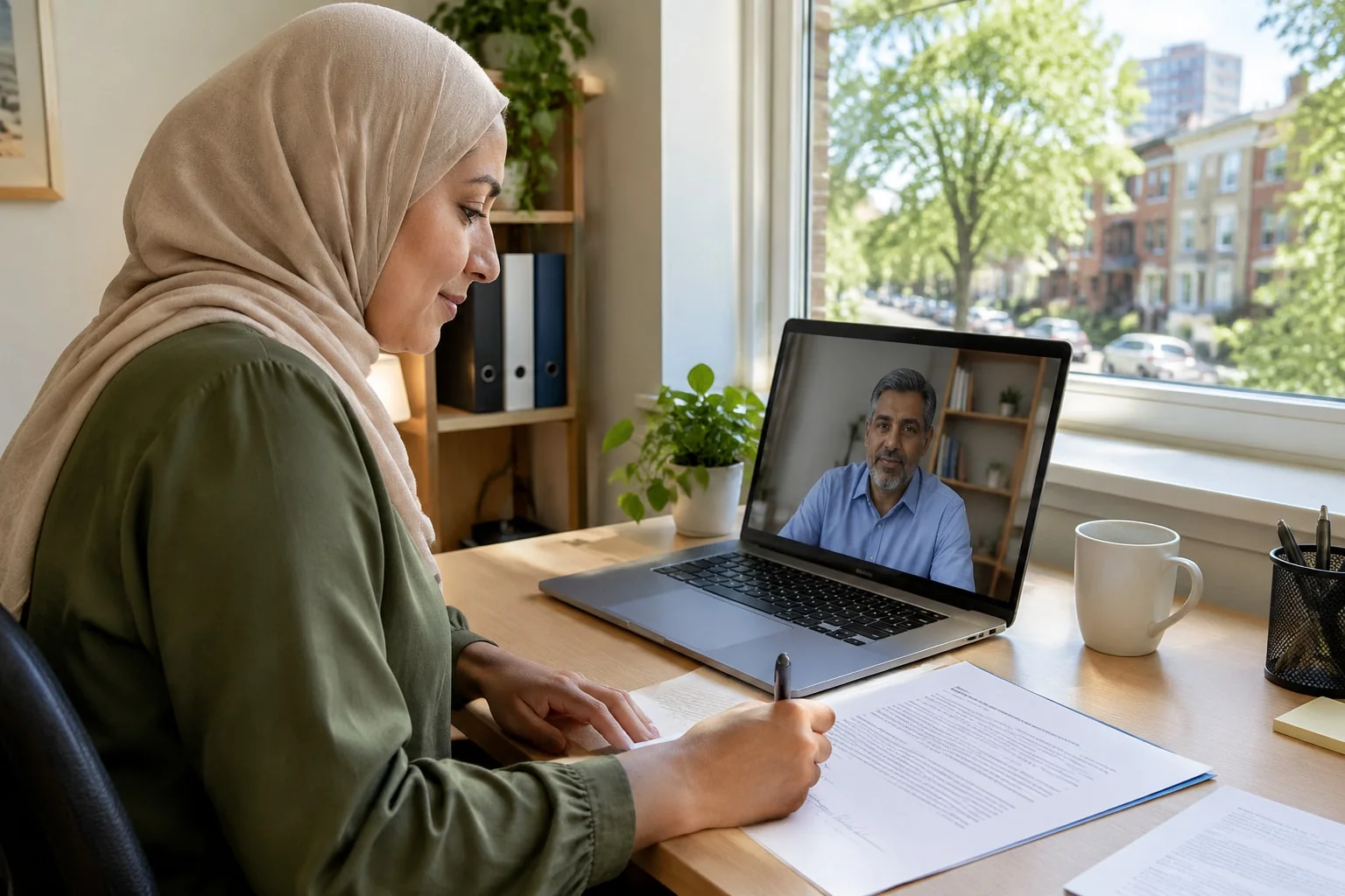 A woman signs her estate application at her desk while a notary watches on a laptop video call