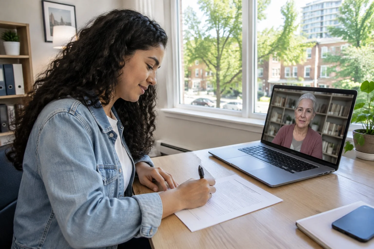 A woman signs an affidavit of service at her desk while a notary watches on a laptop video call