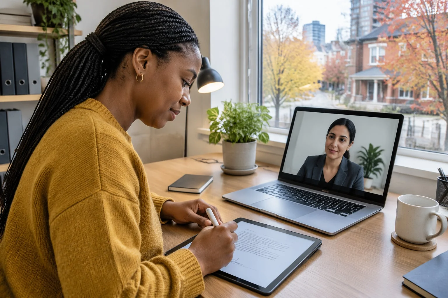 A woman signs her financial statement on a tablet while a notary watches on a laptop video call