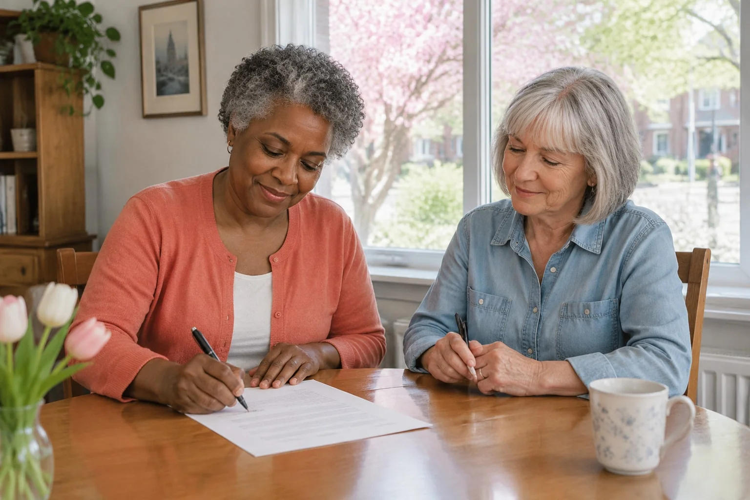 A woman signs a short form at her dining table while a neighbour sits beside her, ready to sign as witness