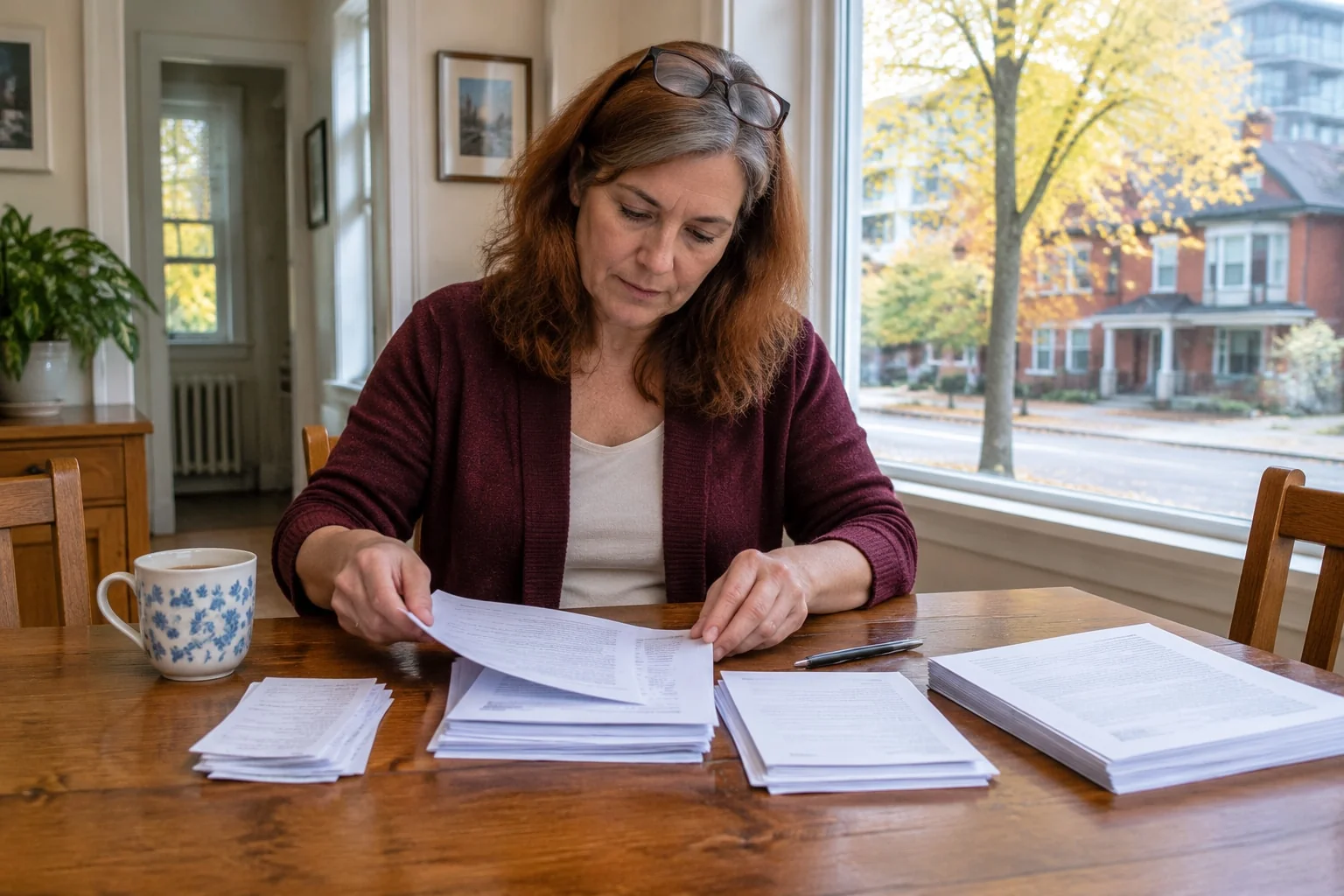 A woman sorts pay stubs and tax notices into piles beside a thick financial statement at her dining table