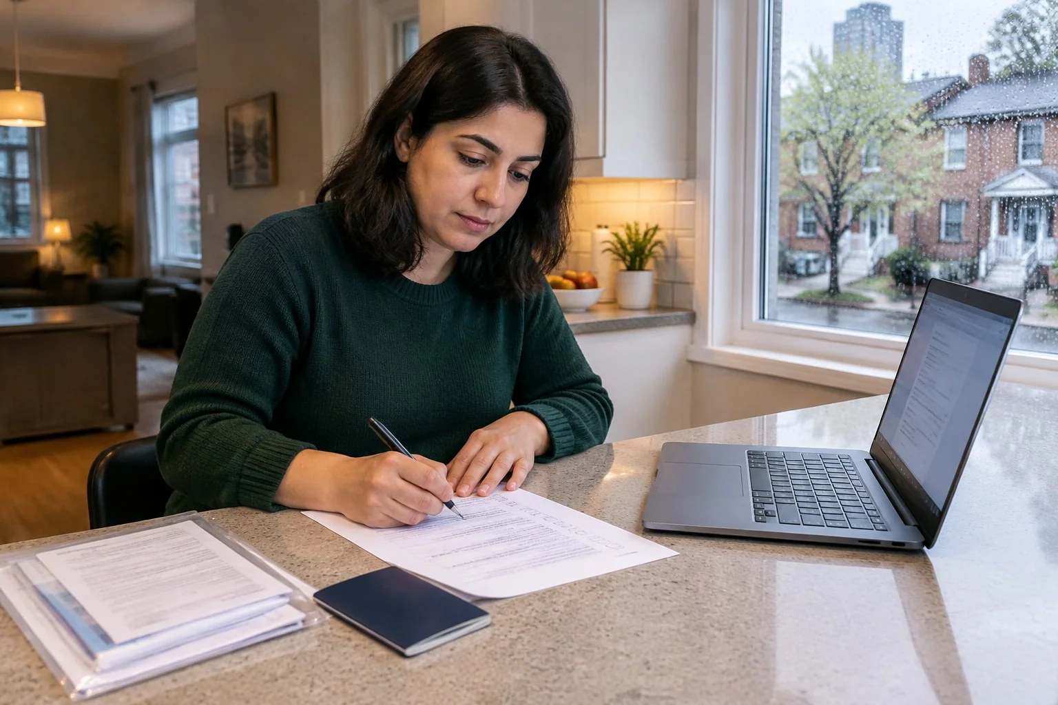 A woman at her kitchen counter ticks items off a printed checklist beside her laptop