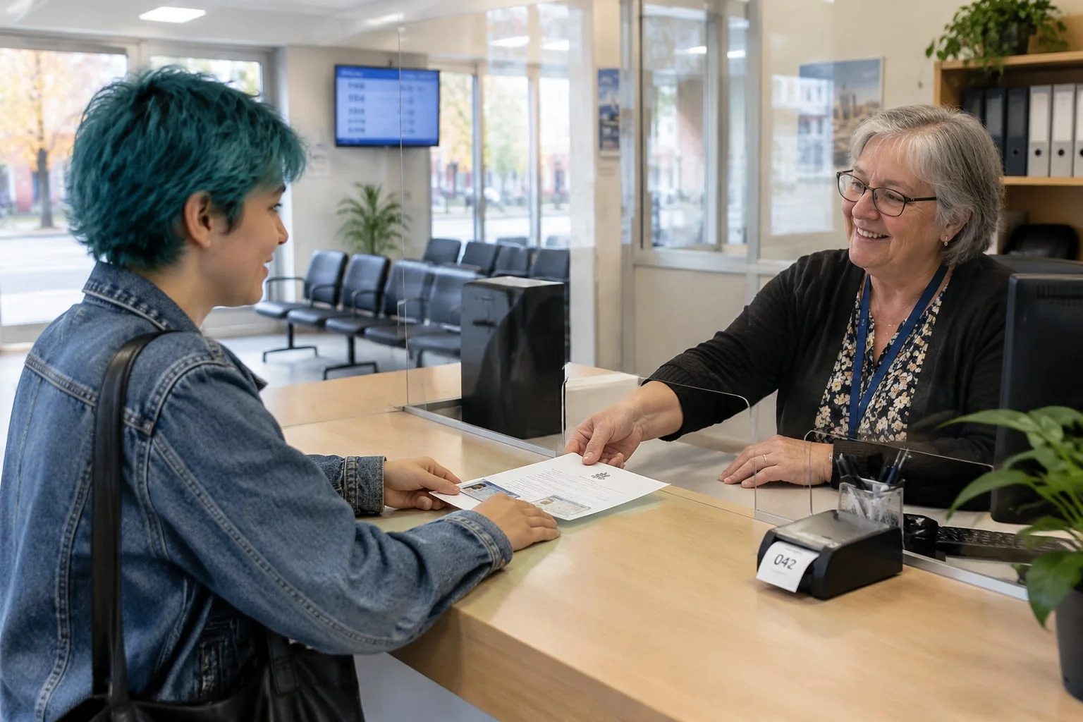 Young adult hands a change of name certificate to a ServiceOntario clerk to update their ID