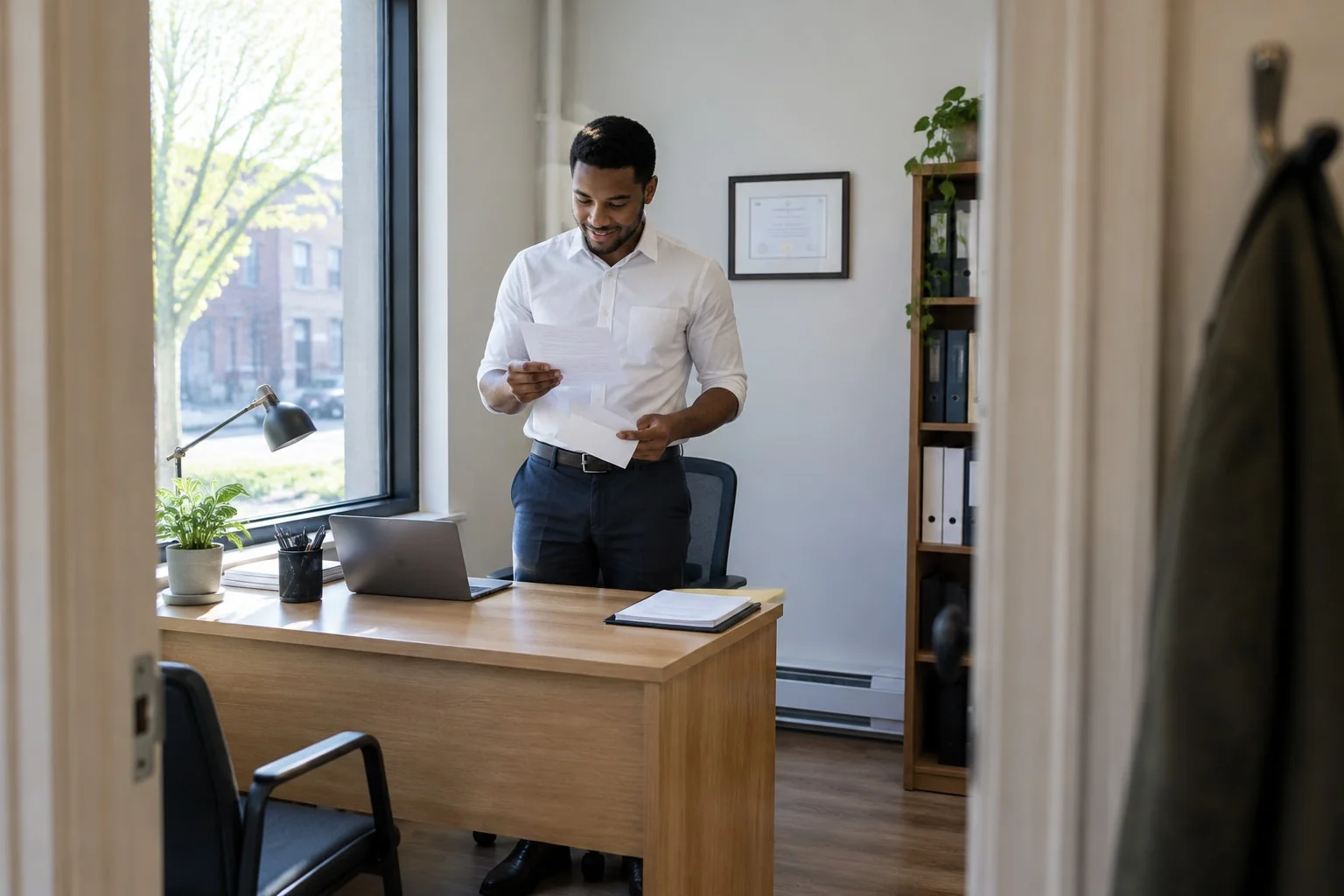 A young lawyer reads a notary approval letter in his small office, a framed certificate on the wall behind him