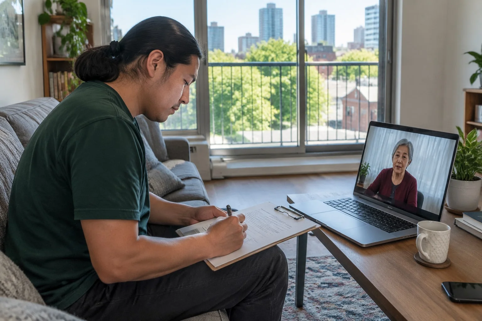A young man on his sofa signs a printed affidavit on a clipboard while a notary watches on a laptop video call